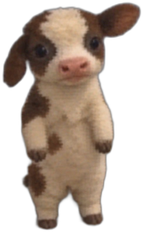 BitCow, a small brown-and-white cow standing upright