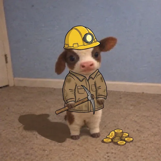 BitCow in a miner helmet beside a pile of gold coins