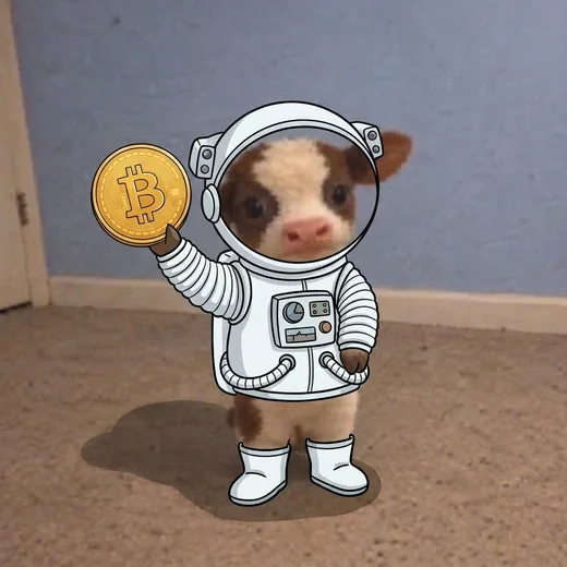 BitCow in a spacesuit riding a rocket, holding a Bitcoin